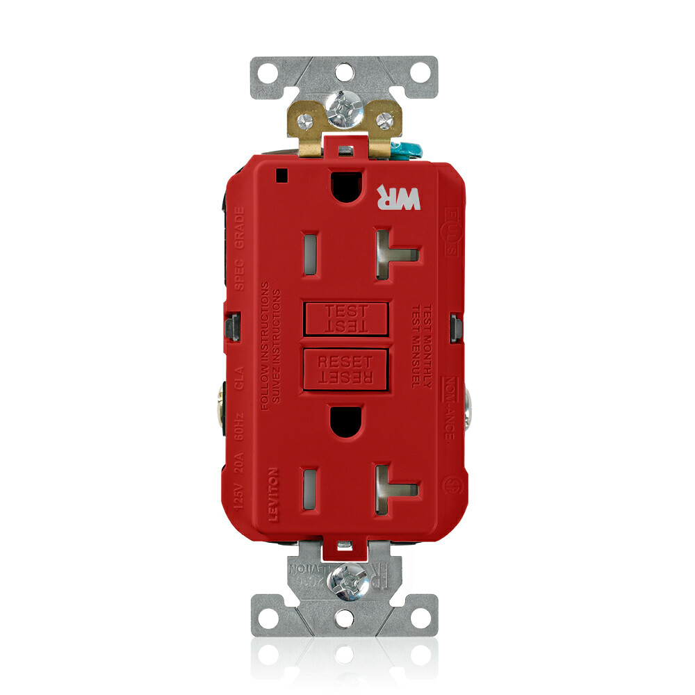 G5362-WTR SmartlockPro Slim Duplex Feed Through Self-Test Tamper/Weather Resistant GFCI Receptacle, 125 V AC, 20 A, 2 Poles, 3 Wires, Red