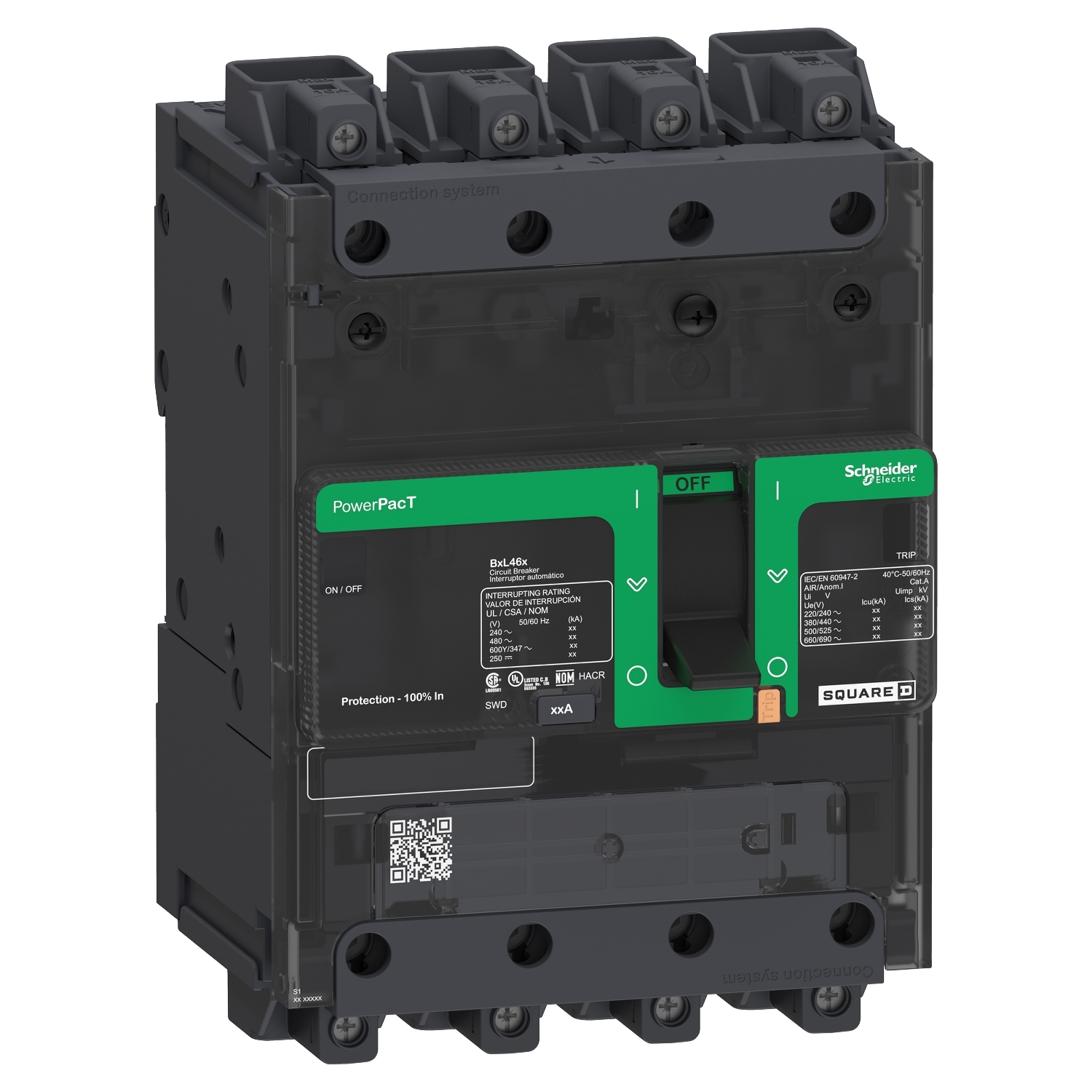 BDL46030 PowerPact BD 030 Molded Case Circuit Breaker, 600Y/347 VAC, 250 VDC, 30 A, 14/10 kA Interrupt, 4 Poles, Thermal Magnetic Trip