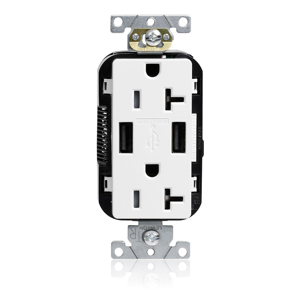 M58AA-W Decora Plus Lev-Lok Combination Heavy Duty Self-Grounding Smooth Face Tamper-Resistant Duplex Receptacle and USB Charger, 125 V AC, 20 A, 2 Poles, 3 Wires, White