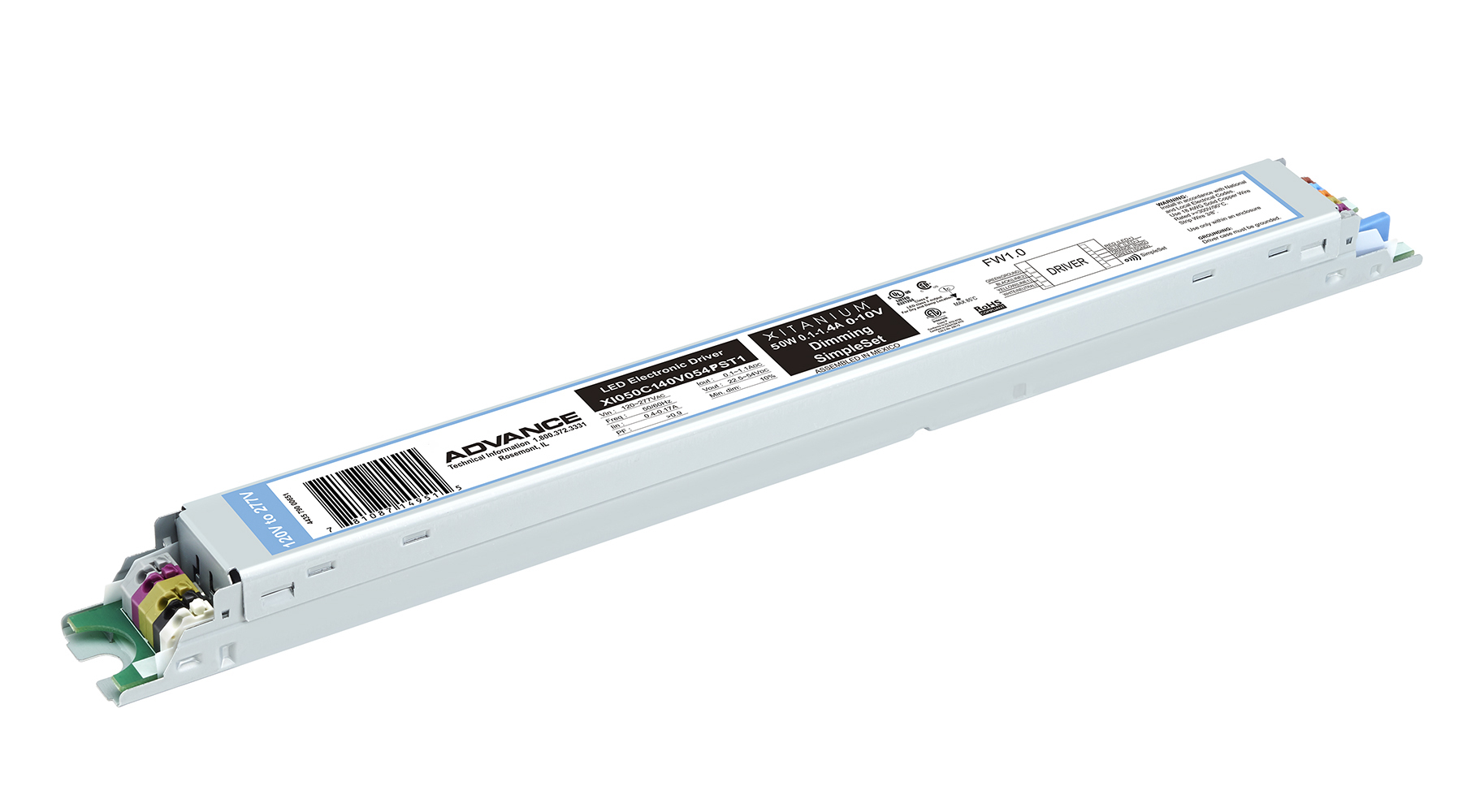 XI050C140V054PST2M Advance Xitanium Linear Adjustable Current LED Driver, 120 to 277 V AC Input, 54 V Output, 50 W Power Rating, 14.17 in L x 1.18 in W