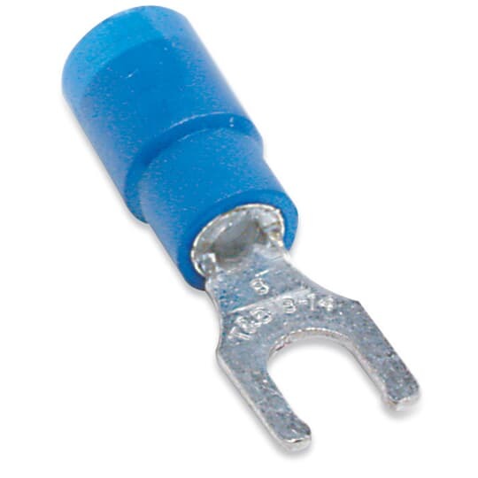 14RB-8FLX Sta-Kon RB Series Expanded Insulated Fork Terminal, 18 to 14 AWG Conductor, 0.97 in L, Brazed Seam/Serrated Barrel, Copper, Blue