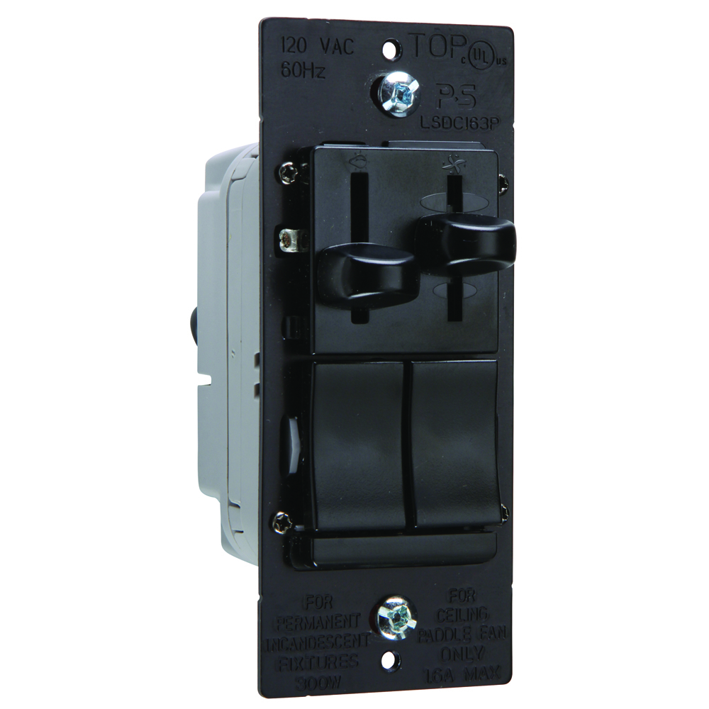 LSDC163PBKV Wattstopper LS 3-Way 1-Pole Dimmer Fan Control Switch, 120 V AC, 1.6 A, Slide Operational Mode, Thermoplastic, Black
