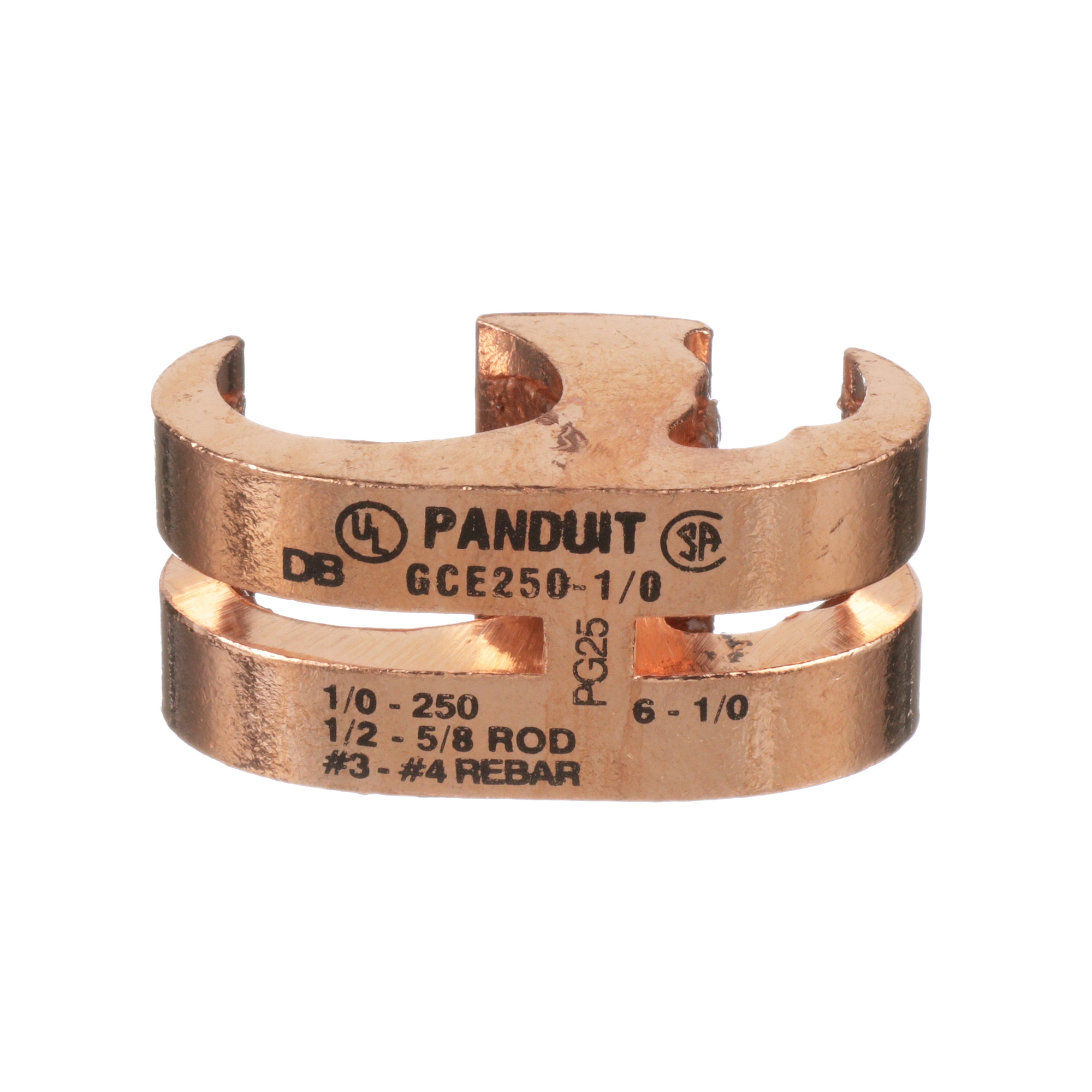 GCE250-250 StructuredGround Type GCE High Conductivity E-Tap Grounding Connector, 1/0 AWG Stranded to 250 kcmil Max Run/Tap, 1/2 to 5/8 in Rod, Copper