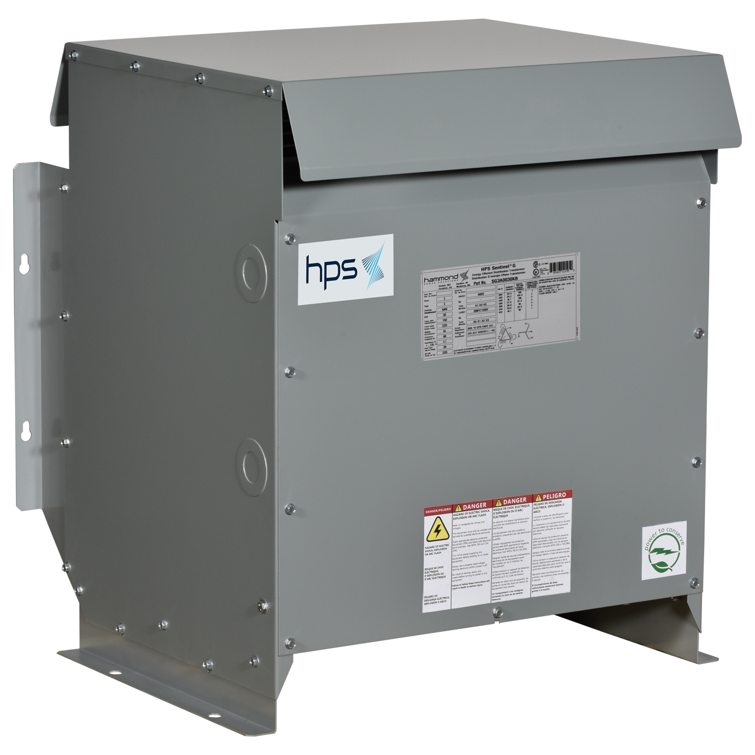 SG3A0030BB0C HPS Sentinel G Energy Efficient General Purpose Distribution Transformer, 208 Delta V AC Primary, 208Y/120 VAC Secondary, 30 kVA Power Rating, 60 Hz, 3 Phase