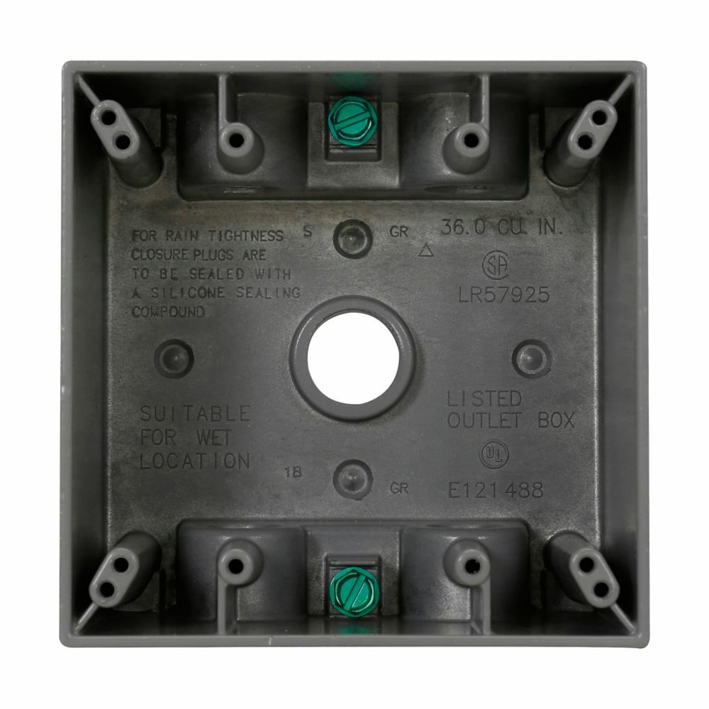 TP7126 Weatherproof Outlet Box, Die-Cast Aluminum, 37 cu-in Capacity, 2 Gangs, 5 Outlets, 5 Knockouts, 4-1/2 in W x 2-21/32 in D x 4-1/2 in H