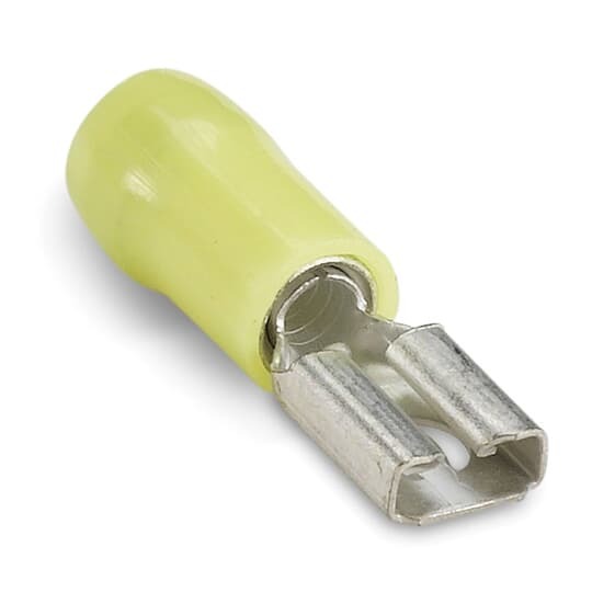 RC10-250F Sta-Kon Female Disconnect, 12 to 10 AWG Conductor, 0.25 in W x 0.032 in THK Tab, Brazed Seam Barrel, Brass, Yellow, Insulated