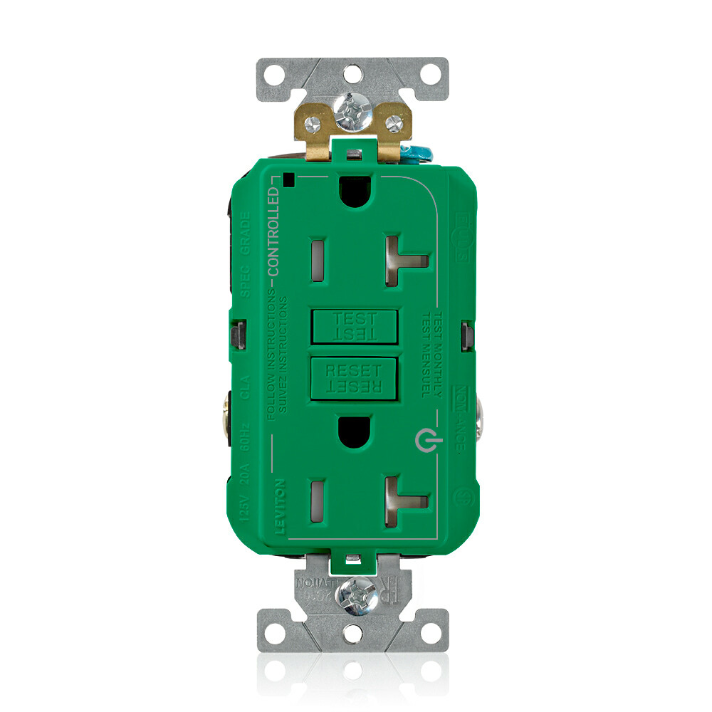 G5362-2TN SmartlockPro Duplex Extra Heavy Duty Self-Grounding Tamper-Resistant GFCI Receptacle Outlet, 125 V AC, 20 A, 2 Poles, 3 Wires, Green