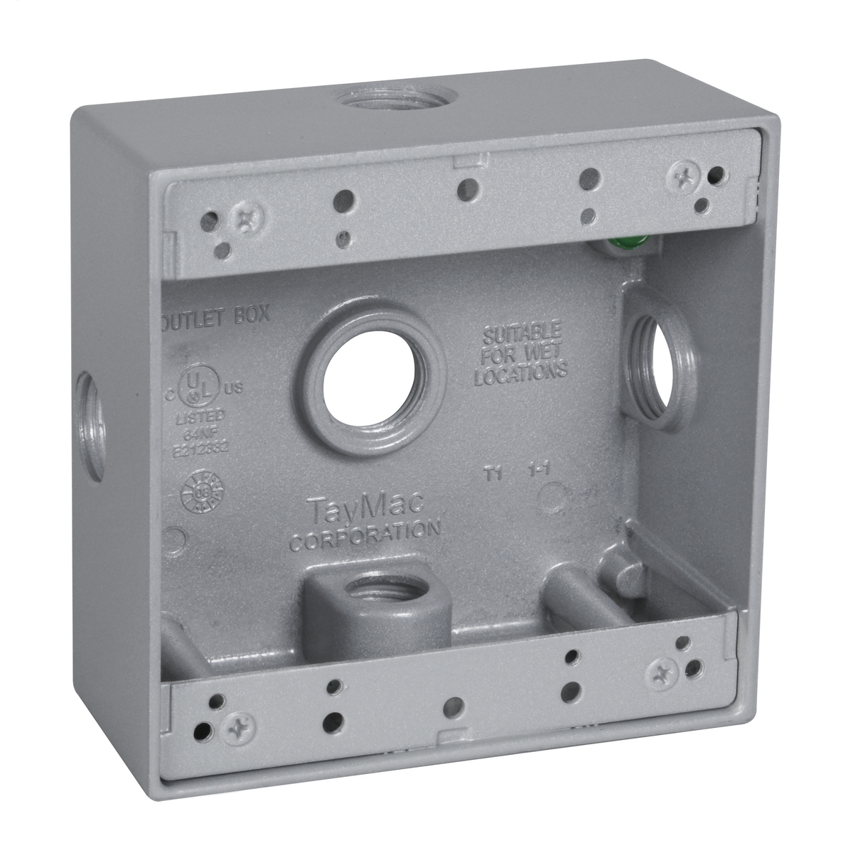 DB550XS X-Pattern Weatherproof Outlet Box With Side Lugs, Die Cast Metal, 32 cu-in Capacity, 2 Gangs, 5 Outlets, 4-1/2 in L x 4-1/2 in W x 2 in D
