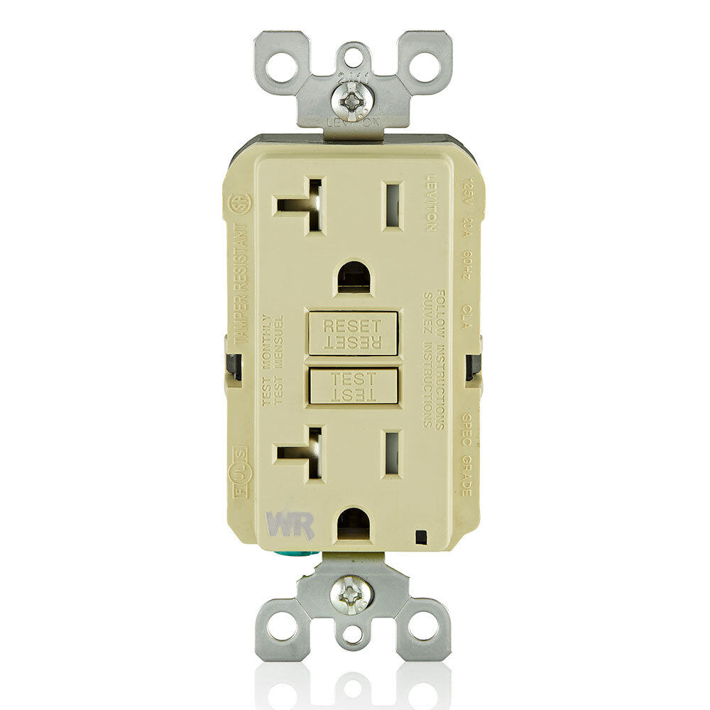GFWT2-I Duplex Feed Through Self-Test Slim Tamper/Weather Resistant GFCI Receptacle With Ivory Test, Reset Button, 125 V AC, 20 A, 2 Poles, 3 Wires, Ivory