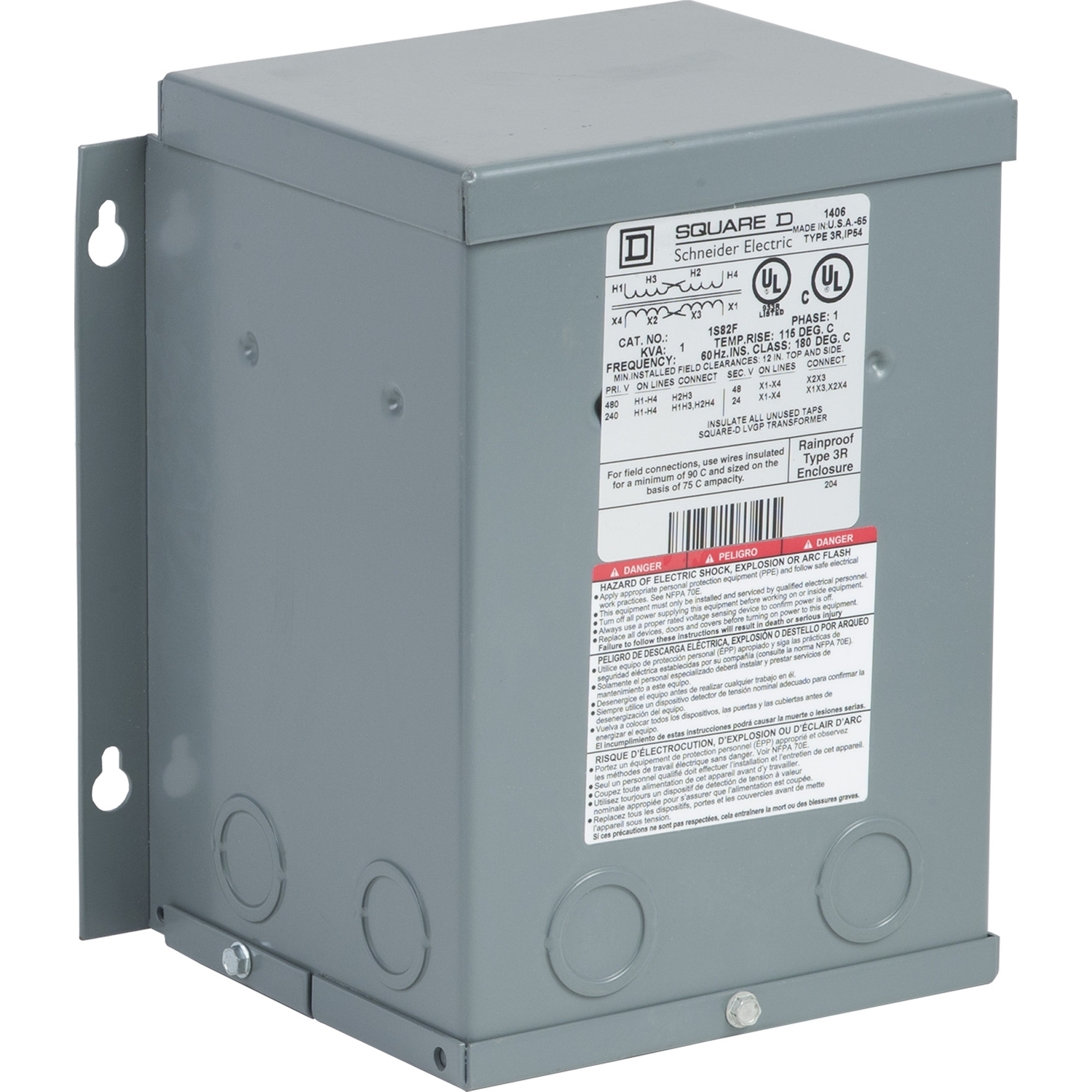 1S82F Dry Sealed Buck and Boost Transformer, 240/480 V AC Primary, 24/48 VAC Secondary, 1 kVA Power Rating, 60 Hz, 1 Phase