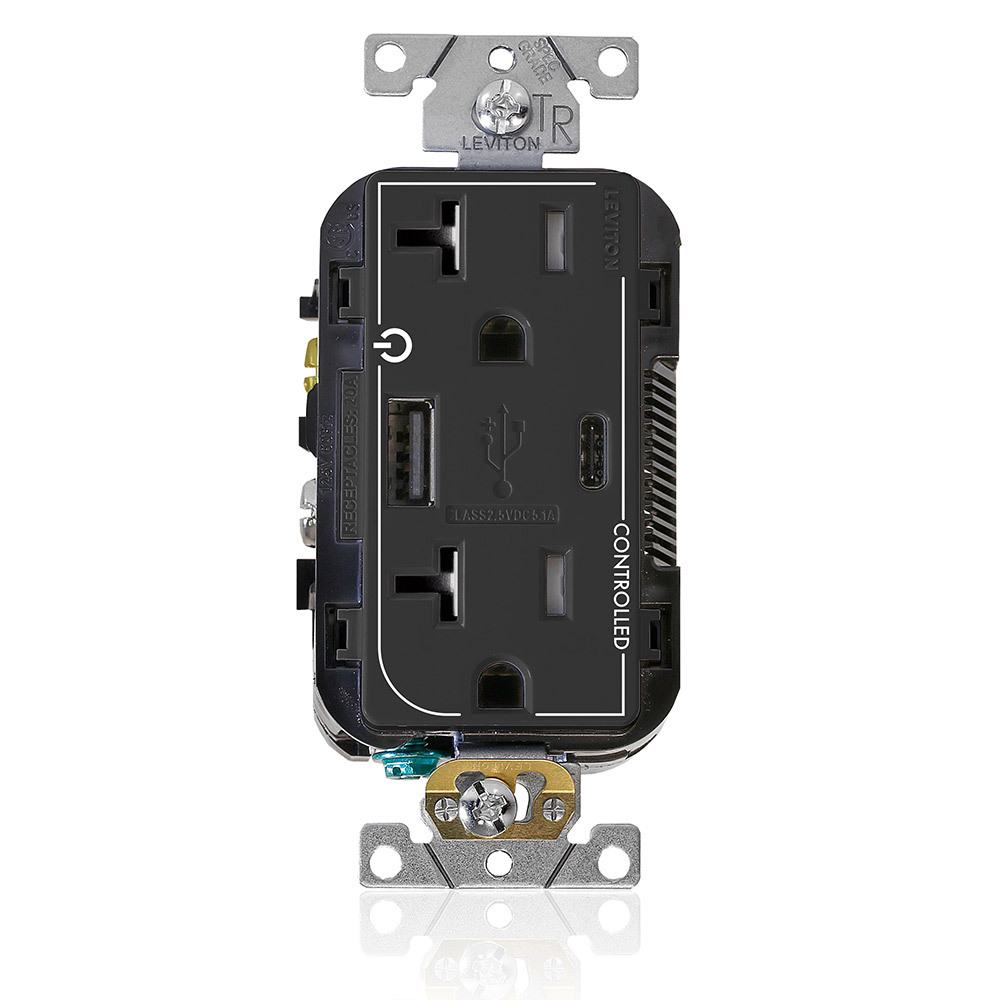 T5833-2E Controlled Combination Duplex Dual Marked Grounding Tamper-Resistant USB Receptacle, 125 V AC, 20 A, 1/2 hp, 2 Poles, 3 Wires, Black
