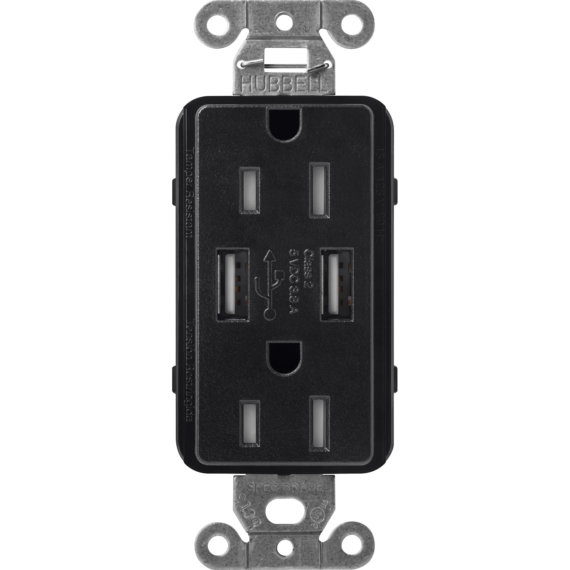 SCR-15-UBTR-MN Claro Tamper-Resistant USB-A Duplex Receptacle, Decorator-Style Outlet, 15 Amp, Self-Testing, Satin, Midnight