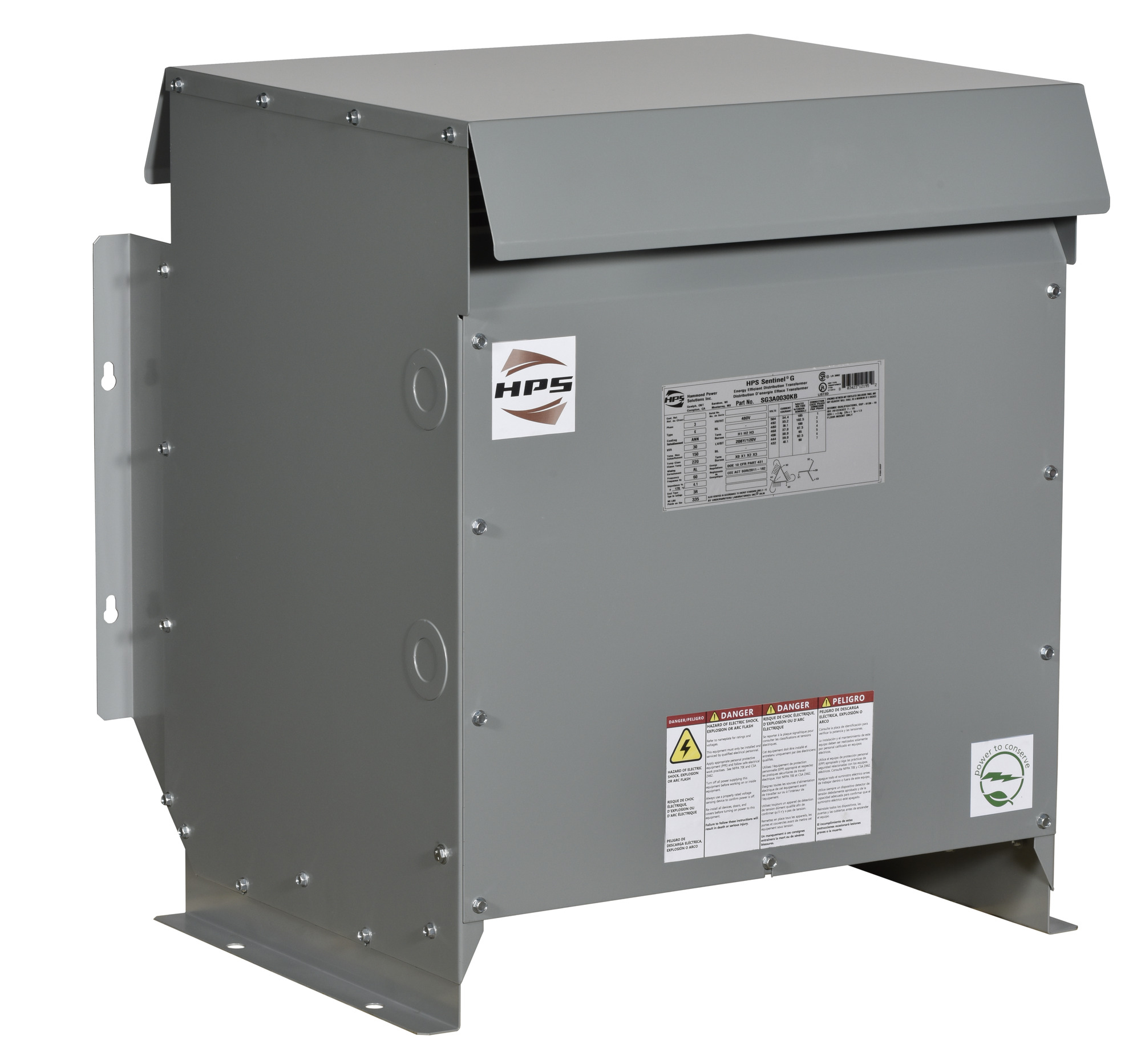 SG3C0030KD Sentinel G Energy Efficient General Purpose Distribution Transformer, 480 Delta V AC Primary, 240 Delta VAC/120 VAC Secondary, 30 kVA Power Rating, 60 Hz, 3 Phase