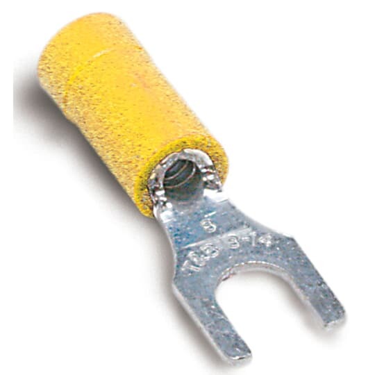 10RC-10F Sta-Kon RC Series Insulated Fork Terminal, 12 to 10 AWG Conductor, 1.09 in L, Brazed Seam/Serrated Barrel, Copper, Yellow