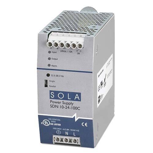 SDN10-24-480C SDN-C Compact Power Supply, 380/480 V AC Input, 24 VDC Output, 240 W Power Rating, 3 x 0.8/2 x 1.2 A, DIN Rail Mount