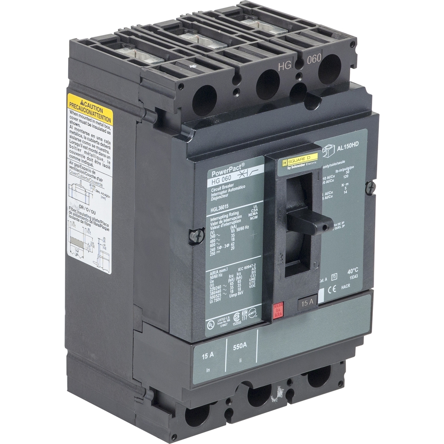 HGL36100SA I-Line PowerPact Type HGL H Molded Case Circuit Breaker, 600 VAC, 250 to 500 VDC, 100 A, 18/20/35/65 kA Interrupt, 3 Poles, Thermal Magnetic Trip