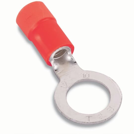 18RA-8X Sta-Kon RA Series Expanded Insulated Ring Terminal, 22 to 16 AWG Conductor, 0.97 in L, Brazed Seam Barrel, Copper, Red
