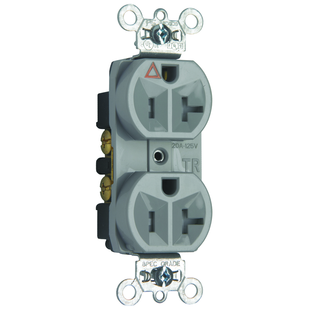 TRIG5362GRY Duplex Heavy Duty Isolated Ground Tamper-Resistant Straight Blade Receptacle, 125 V AC, 20 A, 2 Poles, 3 Wires, Gray