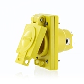 66W47 Wetguard Grounding Single Locking Inlet With IP66 Rated Cover, 125 V AC, 20 A, 2 Poles, 3 Wires, Yellow