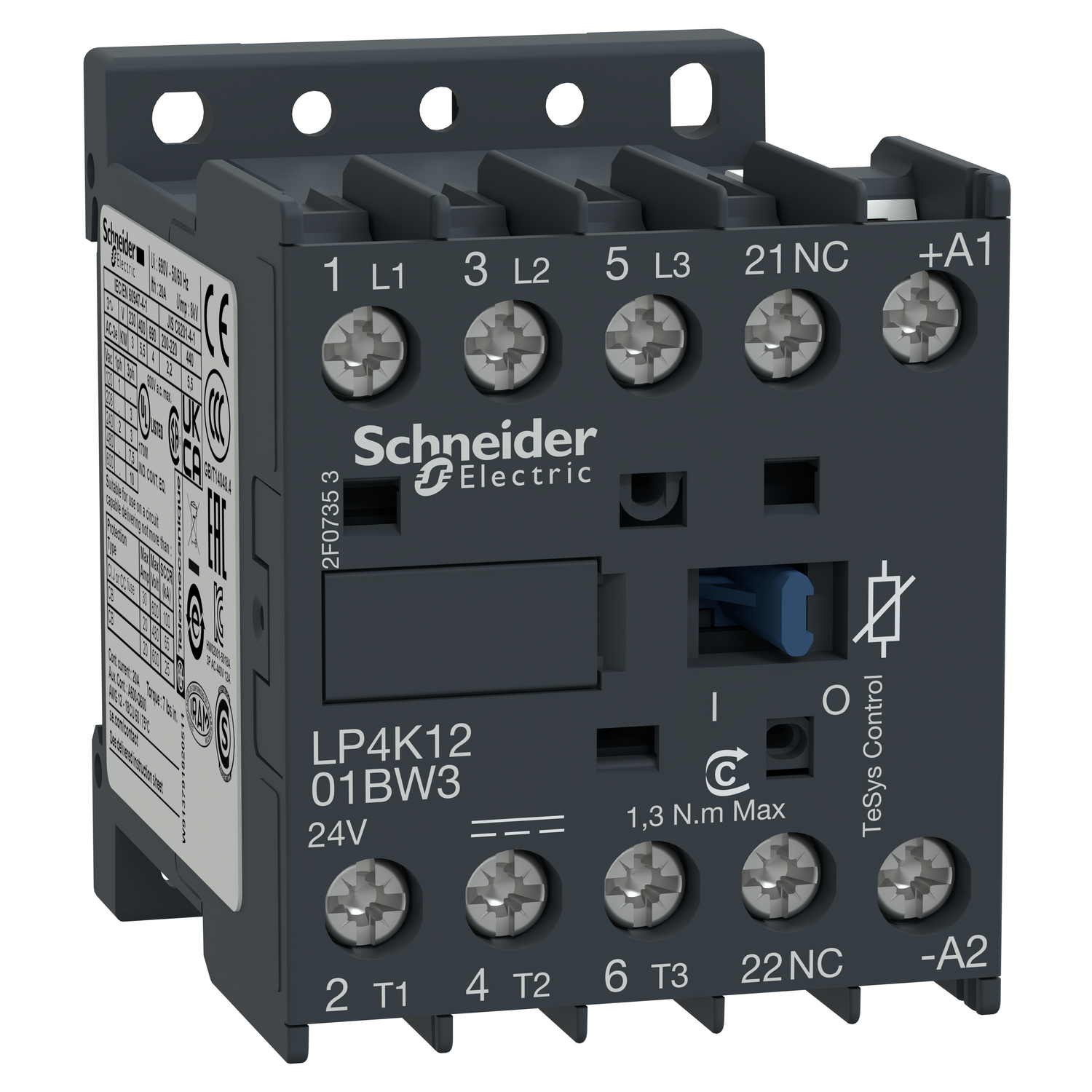 LP4K1201BW3 TeSys K K-Line IEC Contactor, 690 VAC V Coil, 12/16/20 A, 3NO Contact, 3 Poles