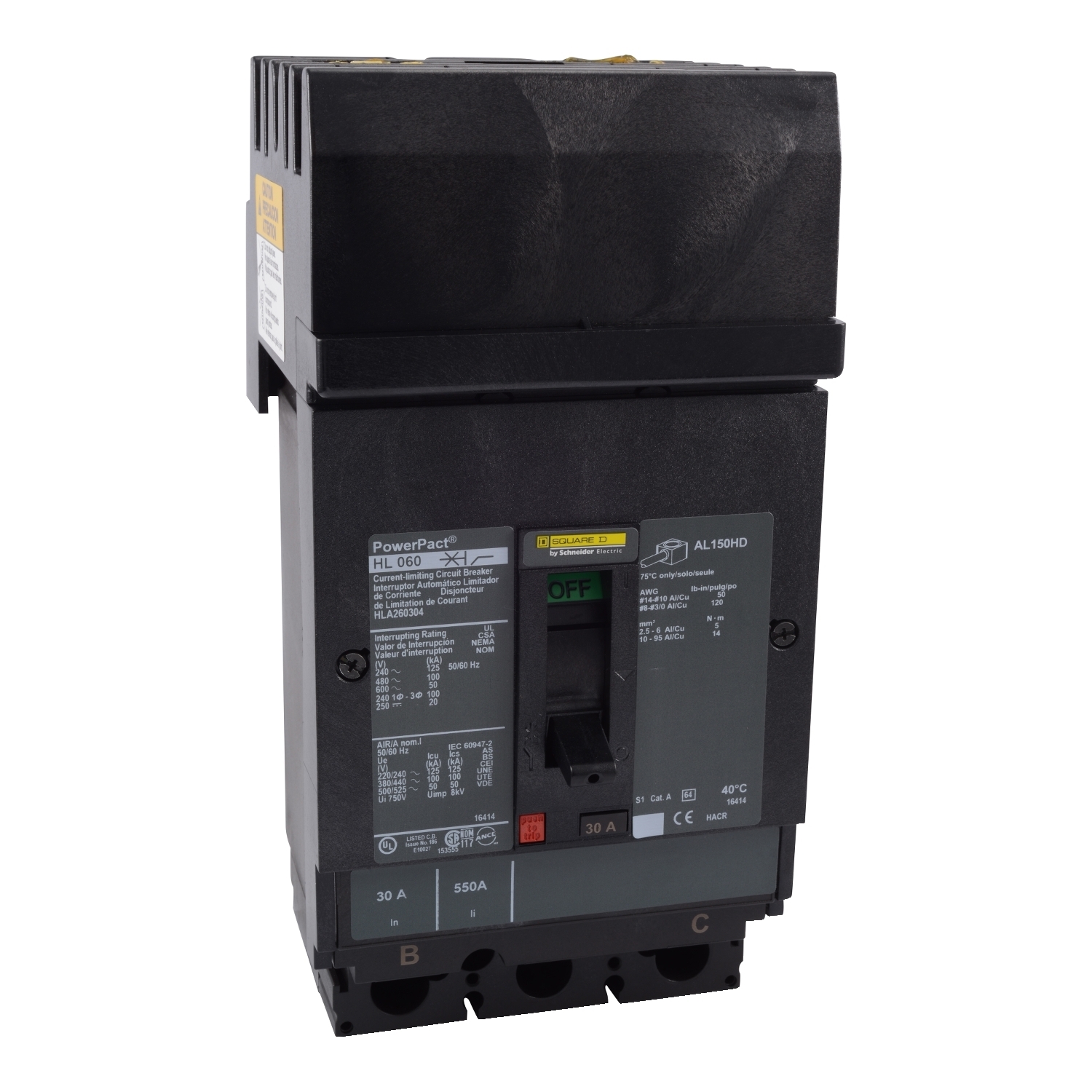 HLA36050 I-Line PowerPact Type HLA Molded Case Circuit Breaker, 600 V AC/250 to 500 V DC, 50 A, 125 kA at 240 VAC/100 kA at 480 VAC/50 kA at 600 VAC/20 kA at 250 VDC/50 kA at 500 VDC Interrupt, 3 Poles, Thermal Magnetic Trip