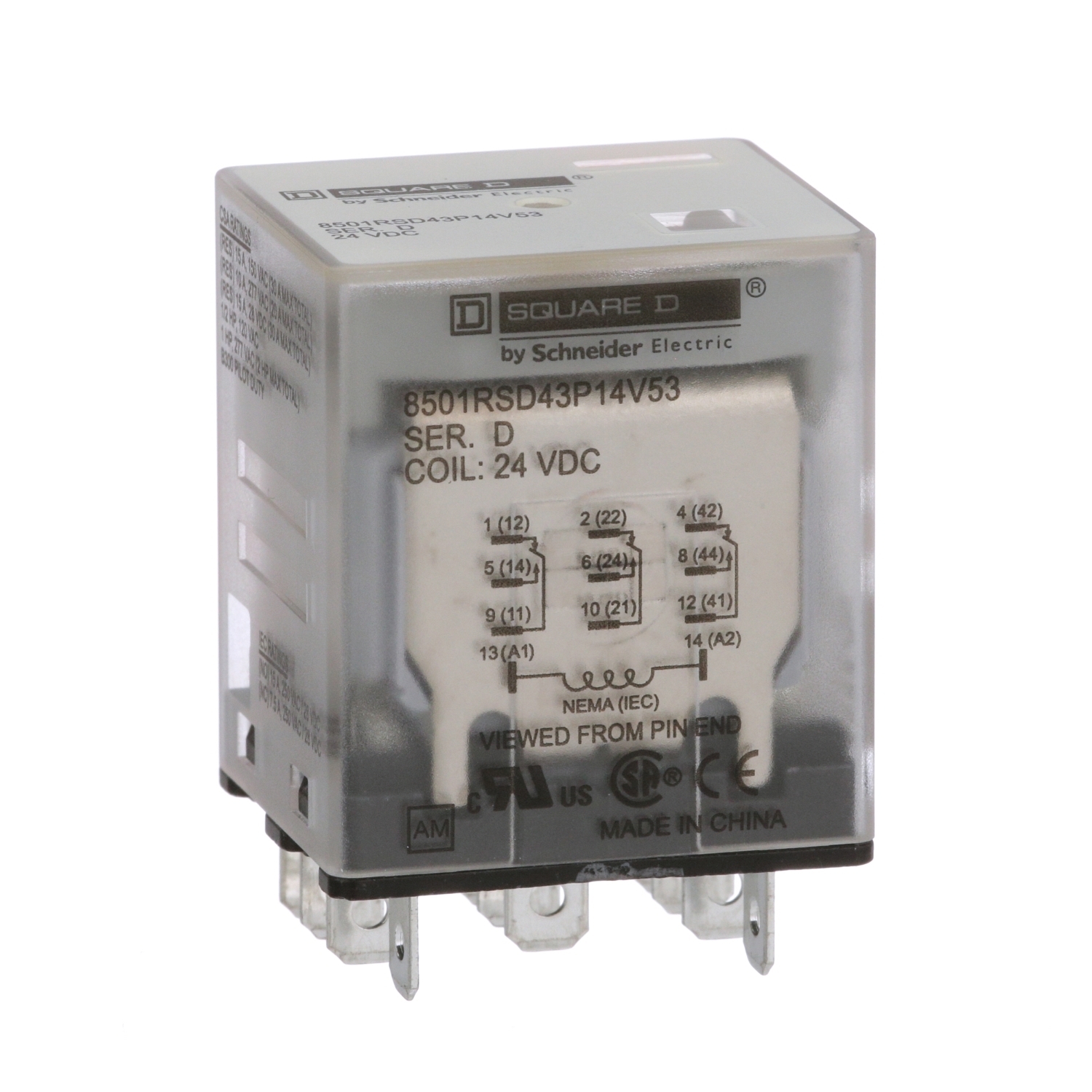 8501RSD43P14V53 Type R Plug-In Relay, 12 A, 11 Pin, 3CO 3 Form C 3PDT Contact, 24 V DC V Coil