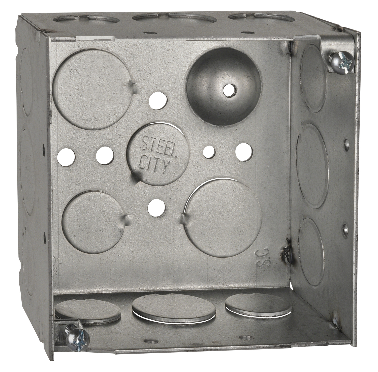 4-SDW-SPL Steel City Outlet Box, Steel, 31.9 cu-in Capacity, (1) Outlets, (16) Knockouts, 4 in H x 4 in W x 2-1/8 in D