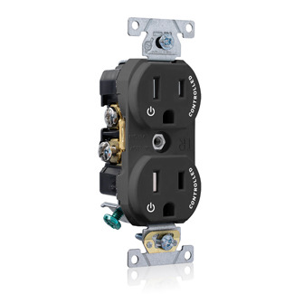 TBR15-S2E Duplex Self-Grounding Tamper Resistant Straight Blade Receptacle With 2 Plug Controlled Marking, 125 V AC, 15 A, 2 Poles, 3 Wires, Black