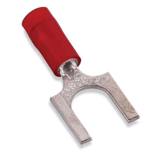RA18-14F Sta-Kon RA Series Insulated Fork Terminal, 22 to 16 AWG Conductor, 0.95 in L, Brazed Seam/Serrated Barrel, Copper, Red