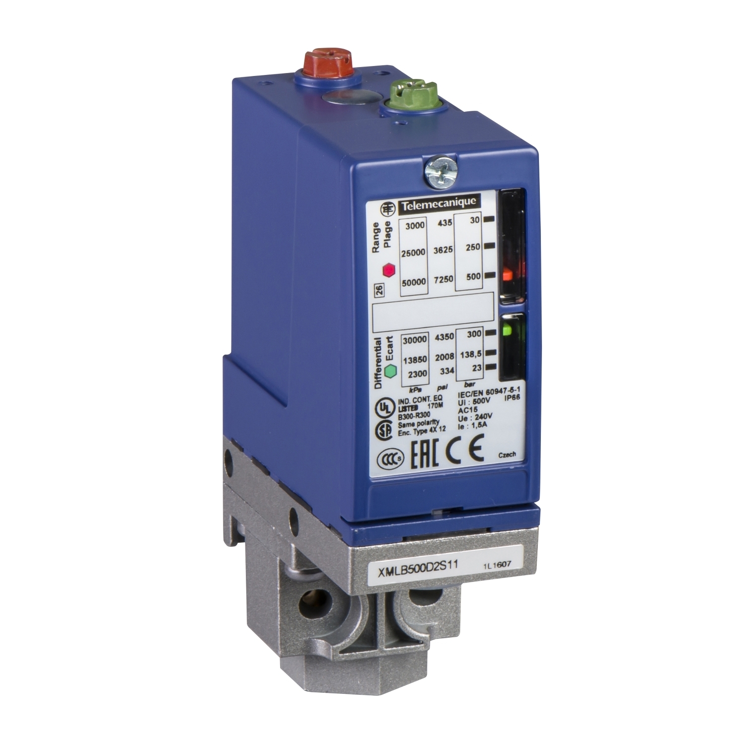XMLB300D2S11 OsiSense XM Adjustable Differential Electromechanical Pressure Switch, 300 bar Pressure, 200 bar Differential, 1CO Contact, Screw Clamp/Cable Gland Connection, 3 A at 120 V AC/1.5 A at 240 V AC/0.1 A at 250 V DC Contact