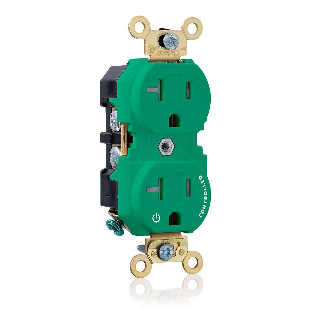 5362-1PN Duplex Extra Heavy Duty Smooth Face Self-Grounding Tamper-Resistant Straight Blade Receptacle, 125 V AC, 20 A, 2 Poles, 3 Wires, Green