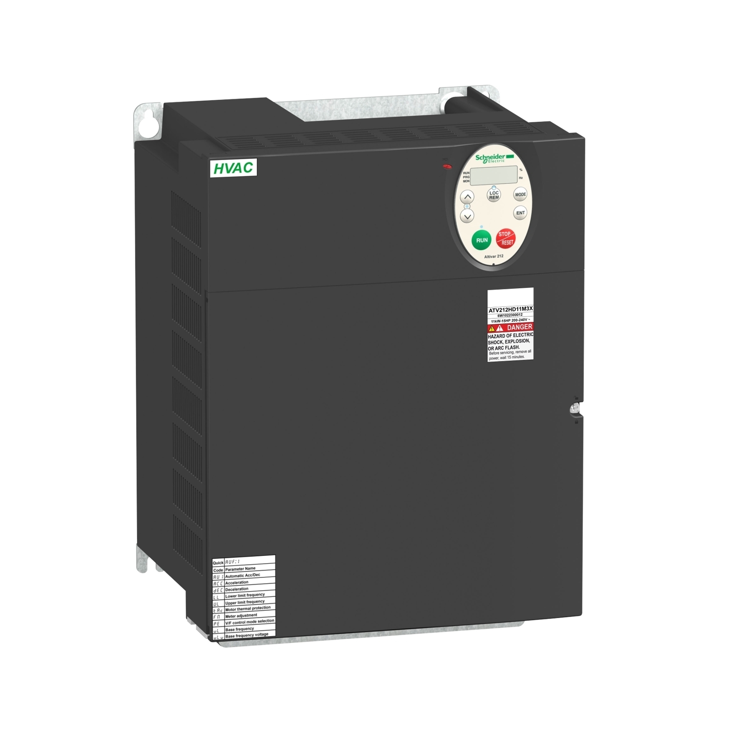 ATV212HD15M3X Altivar 212 3-Phase AC Variable Speed Drive With Heat Sink, 200 to 240 VAC, 61 A, 20 hp, 9.65 in W x 7.48 in D