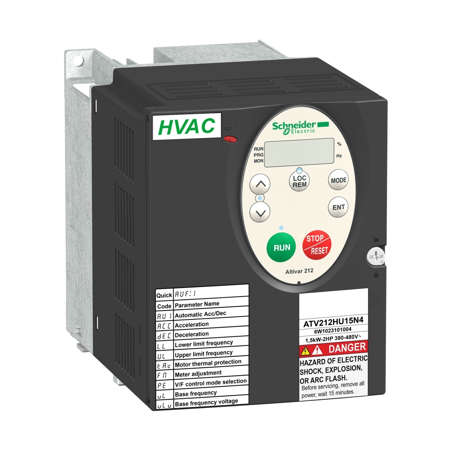 ATV212HU22N4 Altivar 3-Phase AC Variable Speed Drive With Heat Sink, 400 to 480 V AC, 5.1 A, 3 hp, 4.21 in W x 5.91 in D