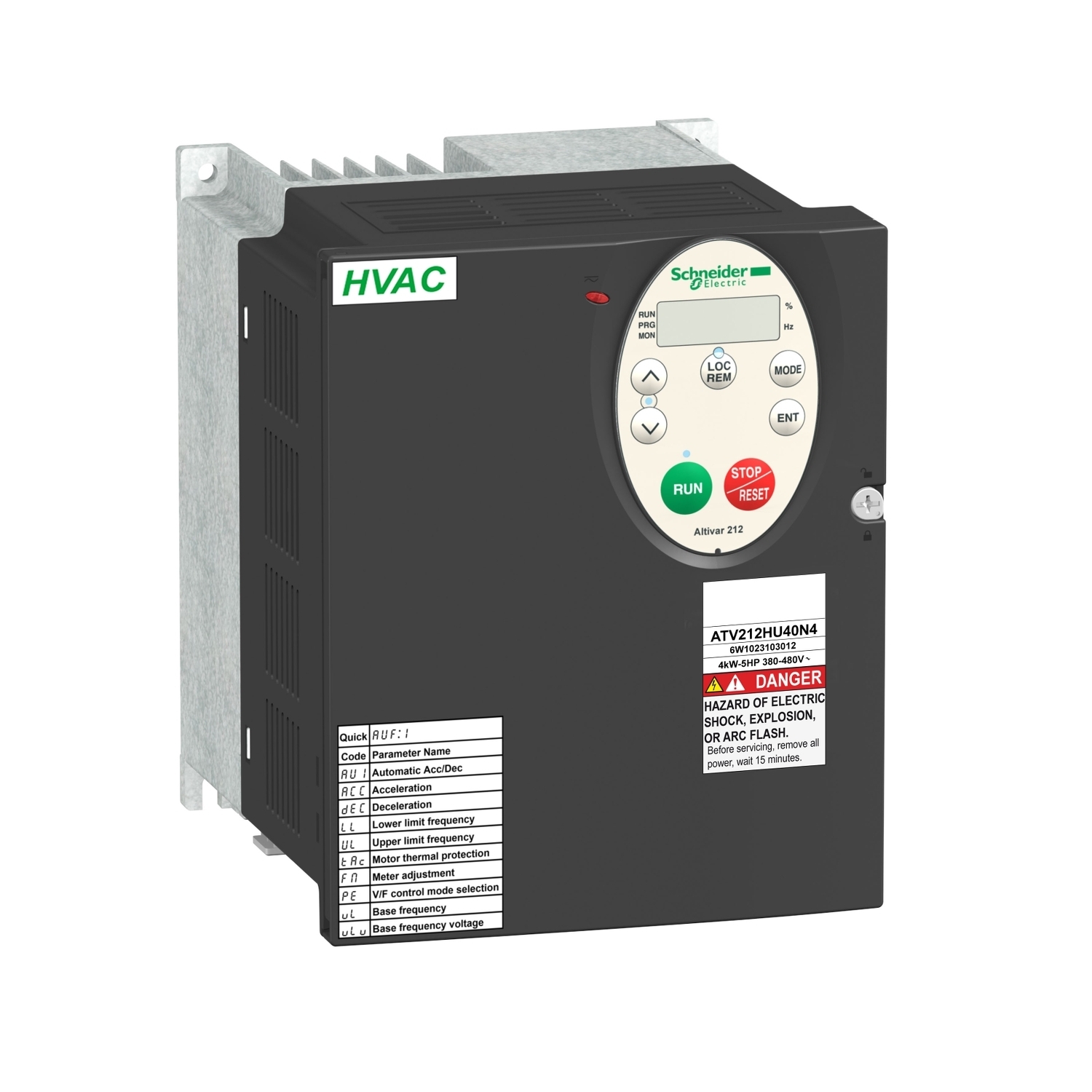 ATV212HU40N4 Altivar 3-Phase AC Variable Speed Drive With Heat Sink, 400 to 480 V AC, 9.1 A, 5 hp, 5.59 in W x 5.91 in D