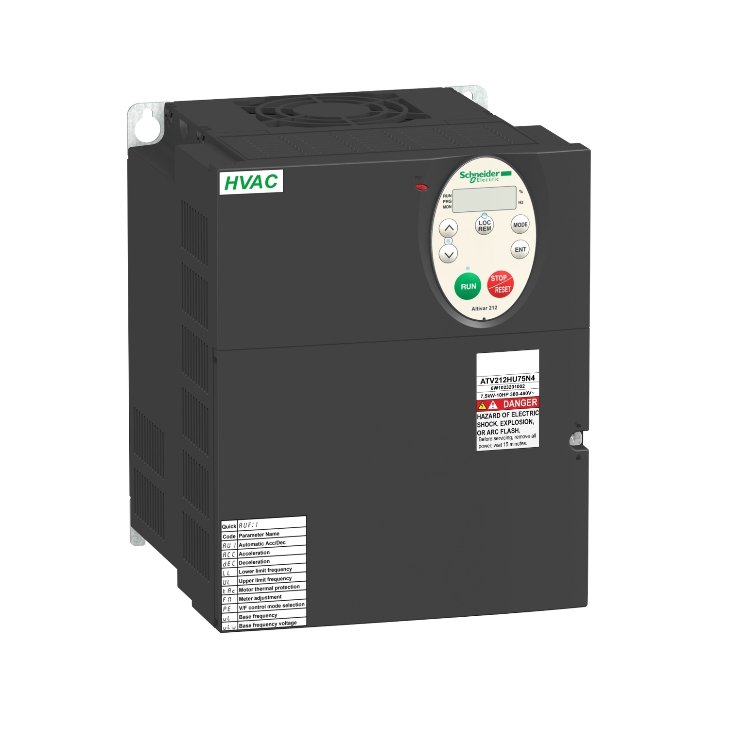 ATV212HU75N4 Altivar 3-Phase AC Variable Speed Drive With Heat Sink, 400 to 480 V AC, 11.7/14.7 A, 10 hp, 7.09 in W x 6.69 in D