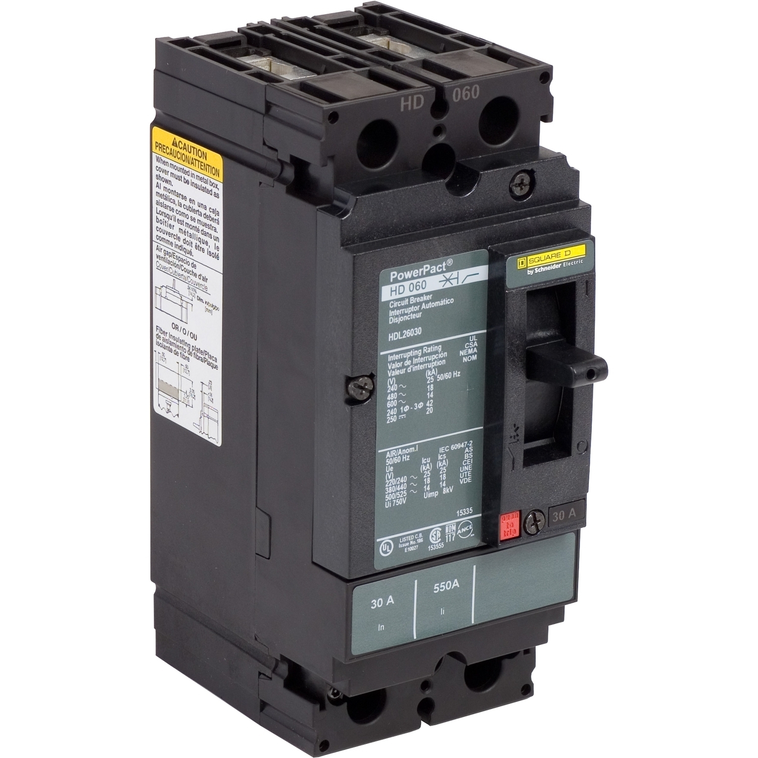 HDL26030C PowerPact Type HDL Molded Case Circuit Breaker, 600 V AC/250 V DC, 30 A, 25 kA at 240 VAC/18 kA at 480 VAC/14 kA at 600 VAC/20 kA at 250 VDC Interrupt, 2 Poles, Thermal Magnetic Trip