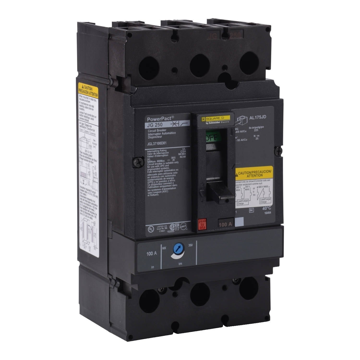 JGL37125D81 PowerPact Type JGL Molded Case Circuit Breaker, 500 V DC, 125 A, 20 kA Interrupt, 3 Poles, Thermal Magnetic Trip