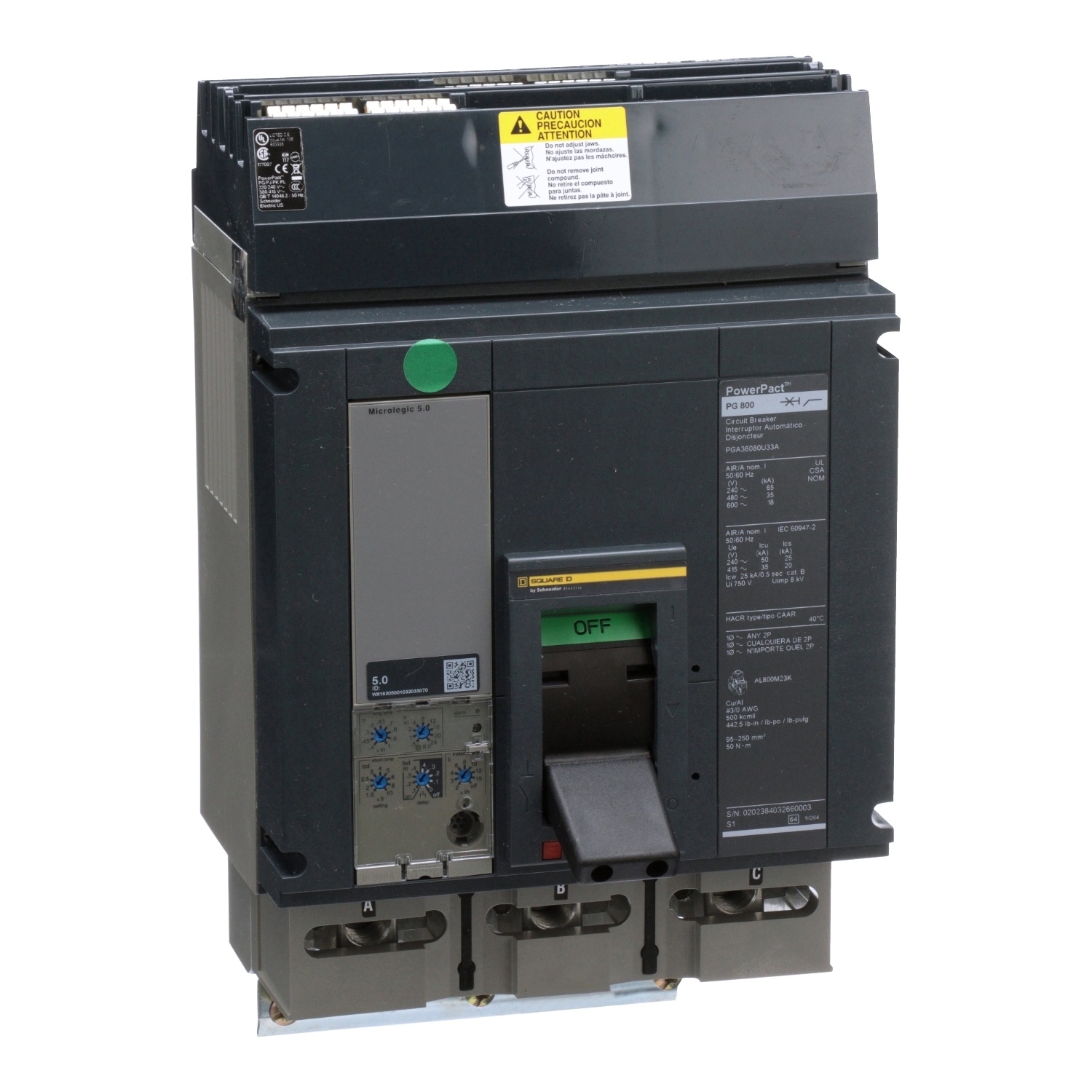 PGA36080U33A Molded Case Circuit Breaker, 800 Amp, 3 Pole, 600V