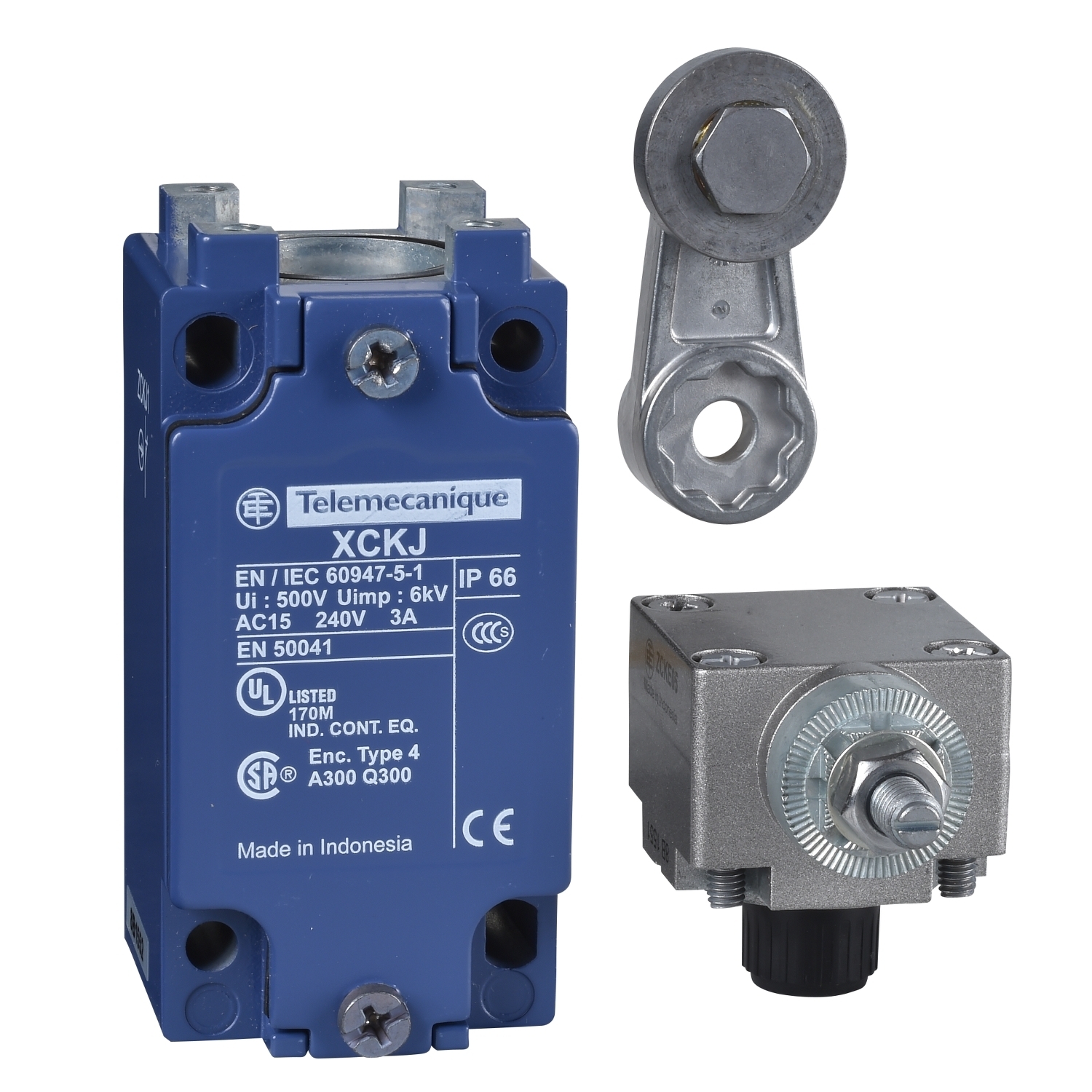 XCKJ10513H7 OsiSense Fixed Heavy Duty Non-Plug-In Limit Switch, 240 V AC, 250 V DC V AC, 10 A, Spring Return Roller Lever Arm Actuator, 1NO-1NC Contact, 2 Poles