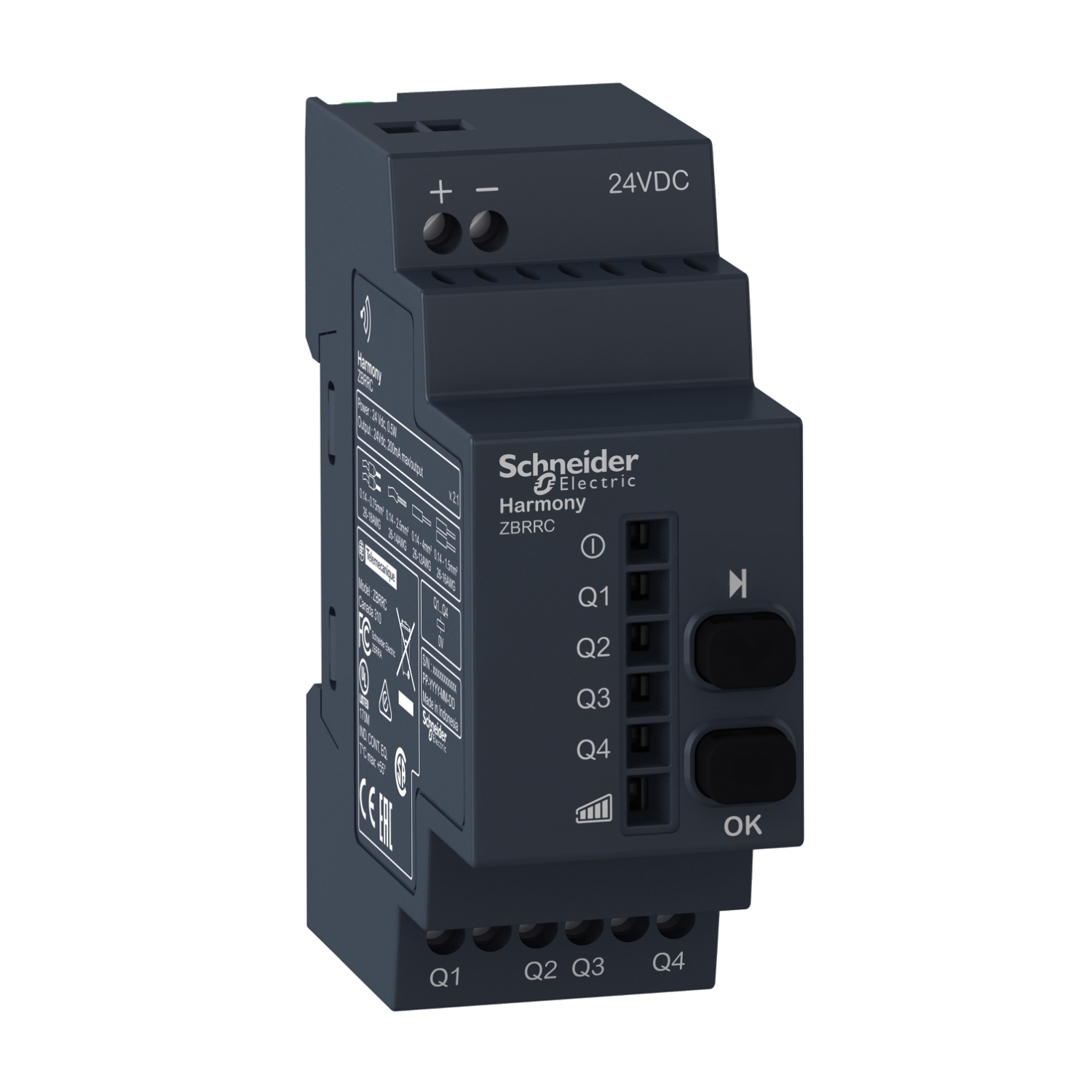 ZBRRC Programmable Receiver, For Use With Harmony XB5R, XB4R 22 mm Control and Signaling Unit, 24 V DC, (1) LED, 4PNP Contact, 20 W DC, DIN Rail, Plastic