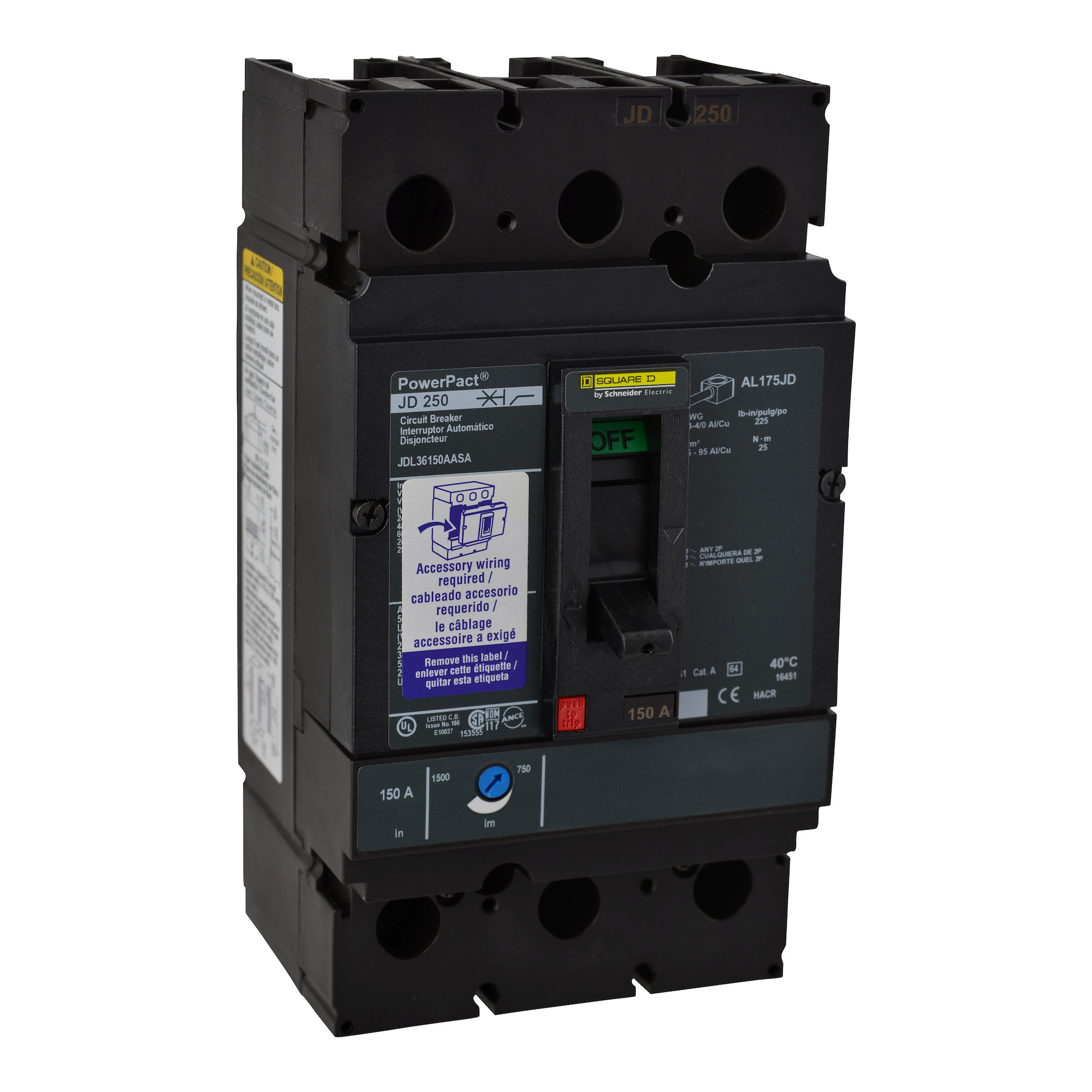 Circuit breaker, PowerPacT J, 200A, 3 pole, 600VAC, 14kA, lugs, thermal magnetic, 80%, aux, shunt