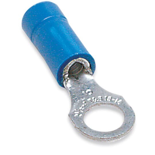 TV14-14R-XV Catamount Ring Terminal, 16 to 14 AWG Conductor, 0.894 in L, Brazed Seam/Funnel Entry/Internal Serration Barrel, Copper, Blue