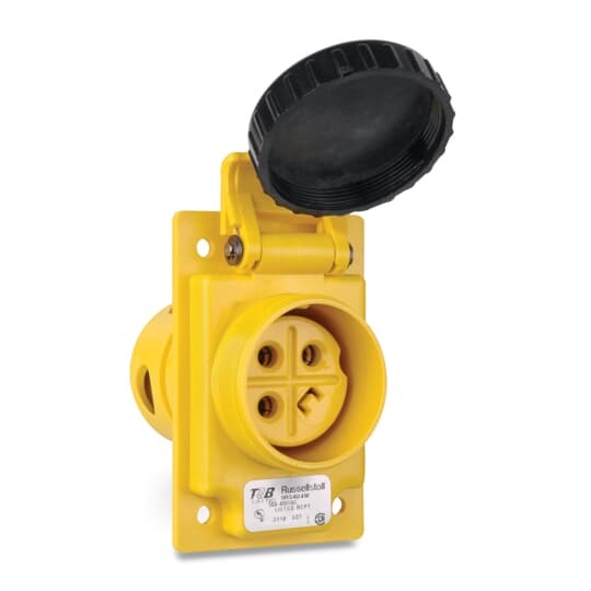9R53U2W Russellstoll DuraGard Female Reverse Service Standard Watertight Waterproof Pin and Sleeve Receptacle, 250 VAC, 50 A, 2 Poles, 3 Wires
