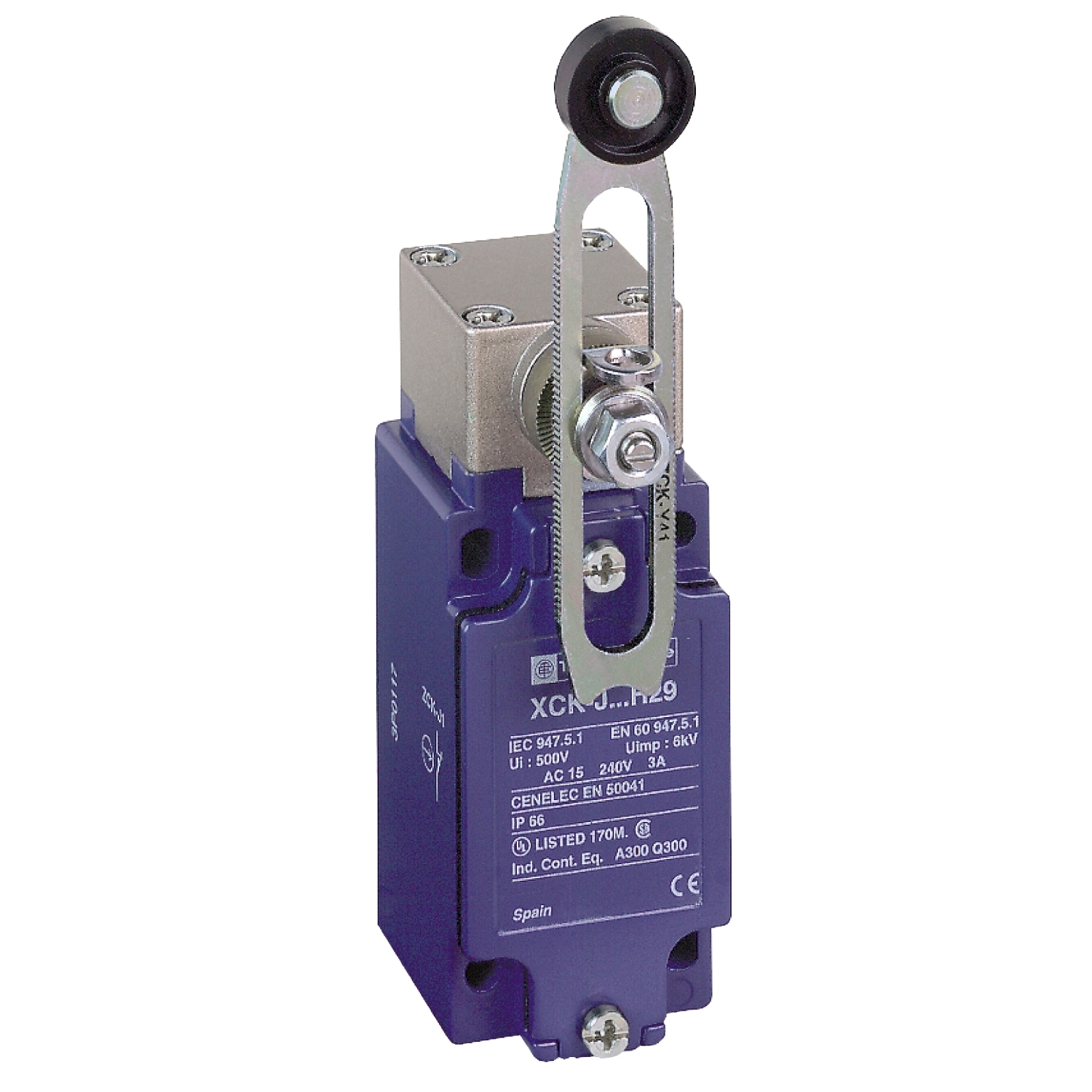 XCKJ10541H29 OsiSense Fixed Heavy Duty Non-Plug-In Limit Switch, 240 V AC, 10 A, Spring Return Roller Lever Actuator, 1NO-1NC Contact, 2 Poles