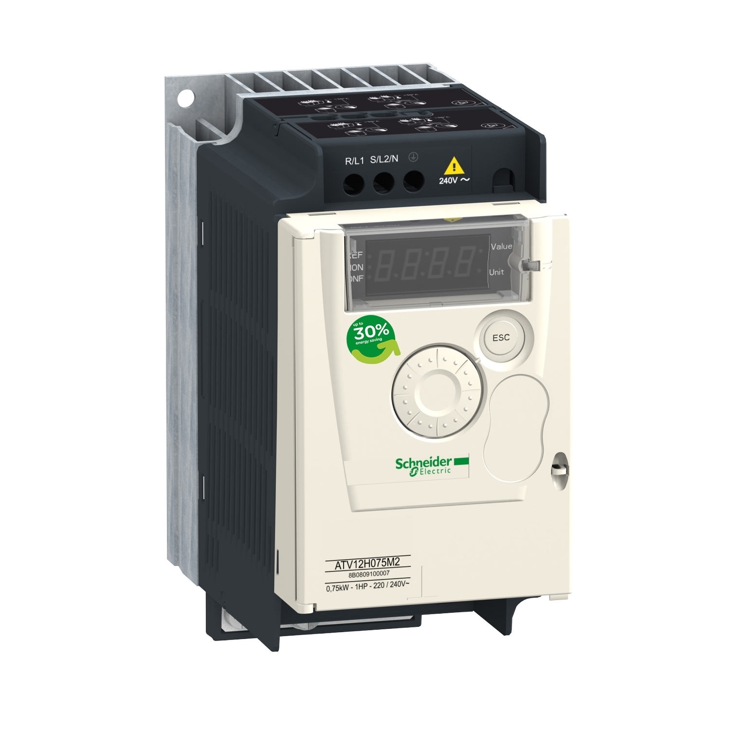ATV12H055M2 Altivar 1-Phase AC Variable Speed Drive With Heat Sink, 200 to 240/230 V AC, 3.5 A, 3/4 hp, 2.83 in W x 5.17 in D