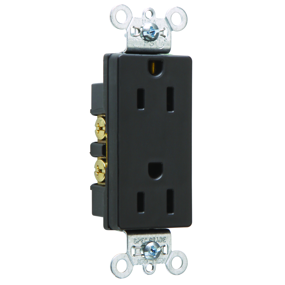 26252BK 15 Amp 125V  Decorator Duplex Receptacle, Back and Side Wire, Black