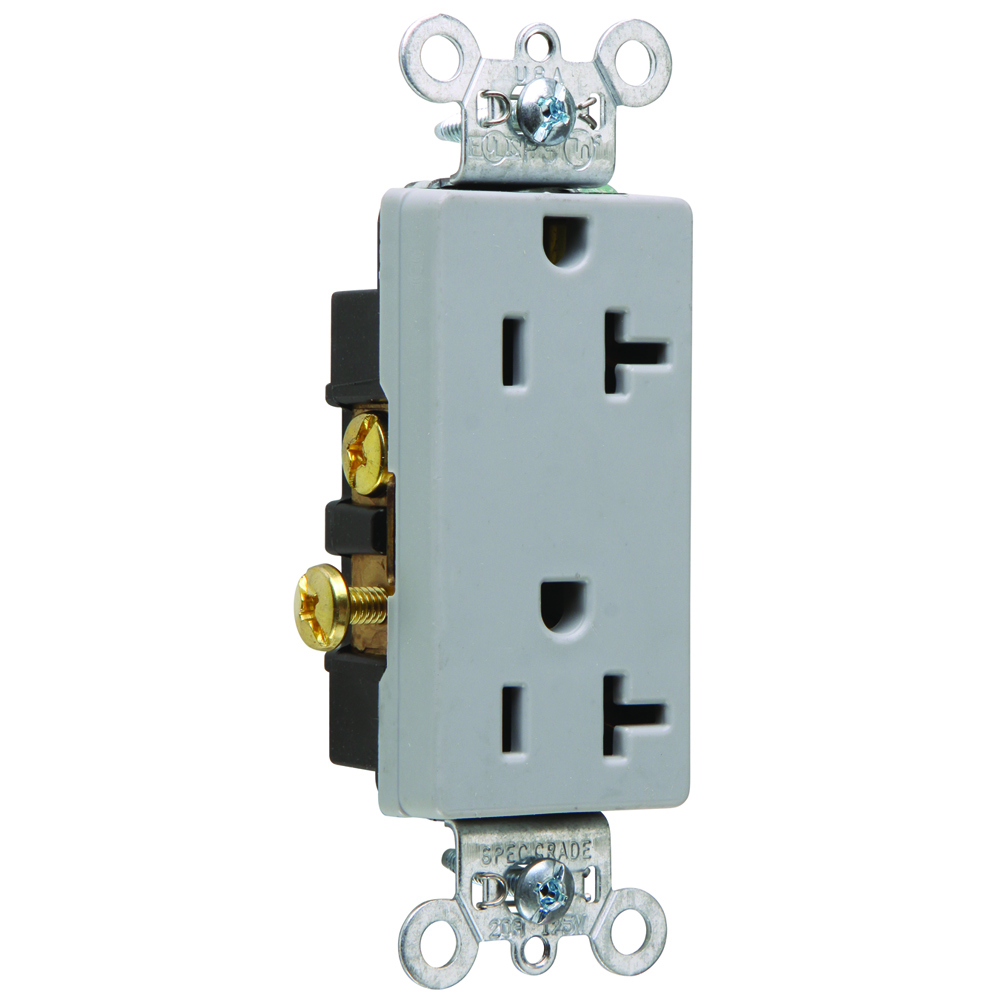 26342GRY 20 Amp 125V  Decorator Duplex Receptacle, Back and Side Wire, Gray