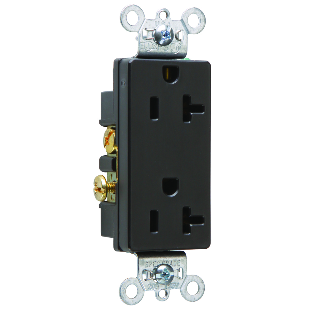 26352BK 20 Amp 125V  Decorator Duplex Receptacle, Side Wire, Black
