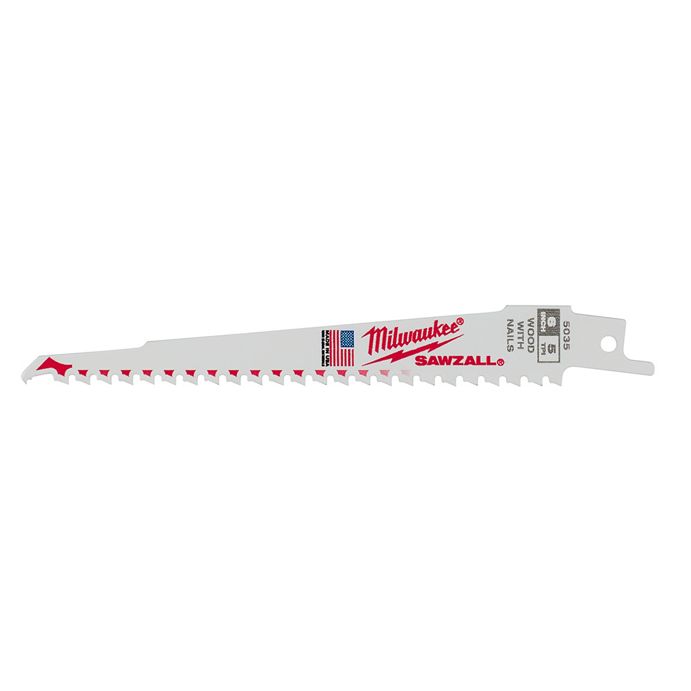 48-00-5035 Sawzall Heavy Duty High Performance Tapered Back Reciprocating Saw Blade, 6 in L x 3/4 in W, 5 TPI, Bi-Metal Body, Universal/Toothed Edge Tang