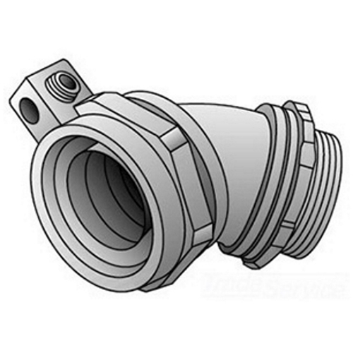 4Q-450L Ground-Tite Concretetight Liquid Tight Oiltight Positive Grounding Raintight Conduit Connector With Lug, 1/2 in Trade, 14 to 4 AWG Cable Openings, 45 deg, Malleable Iron, Zinc Electroplated